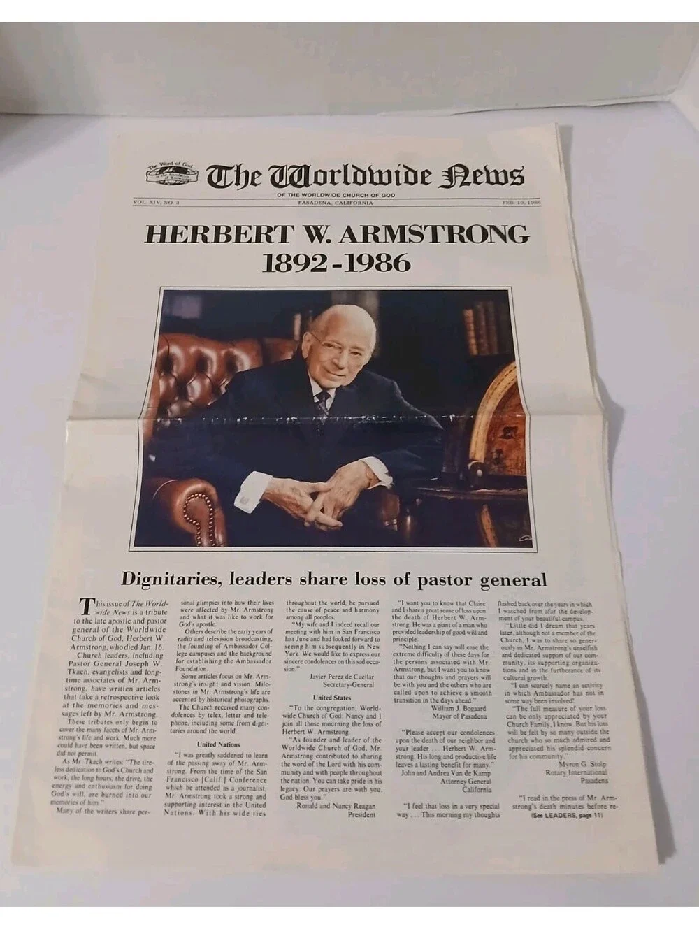 Herbert W. Armstrong Tribute The Worldwide News newspaper 1986